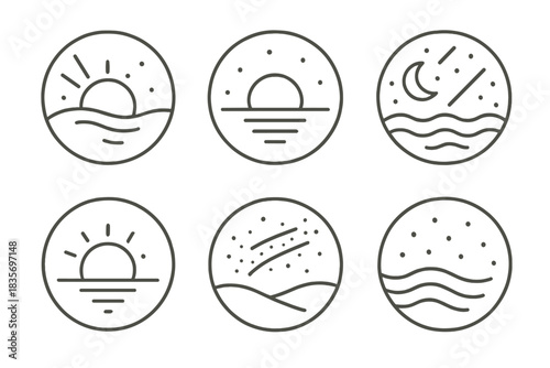 Twilight Vector Icons. Line style vector icons of Twilight Remains: broken rays, subtle warmth, curved lines, lingering glow, dust