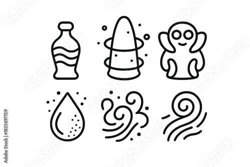 Plastic Totem Icons. Line style vector icons of Plastic Totems: molded shapes, glowing rings, curved idols, liquid lines, radiant