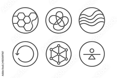 Fluid Structure Icons. Line style vector icons of Fluid Structure: curved hexagons, organic loops, rhythmic lines, circular flow,