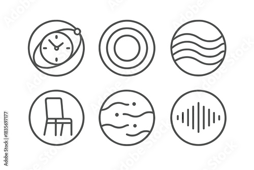 Chrono Space Icons. Line style vector icons of Chrono Space: orbiting clocks, layered circles, slow motion waves, empty chairs,