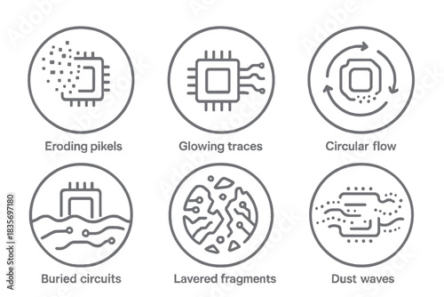 Electronic Relic Icons. Line style vector icons of Electronic Relics: eroded pixels, glowing traces, circular flow, buried