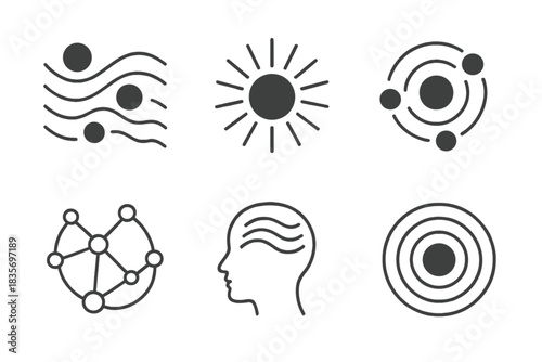 Gravity of Thought. Line style vector icons of Gravity of Thought: floating orbs, curved waves, radiant lines, circular motion,