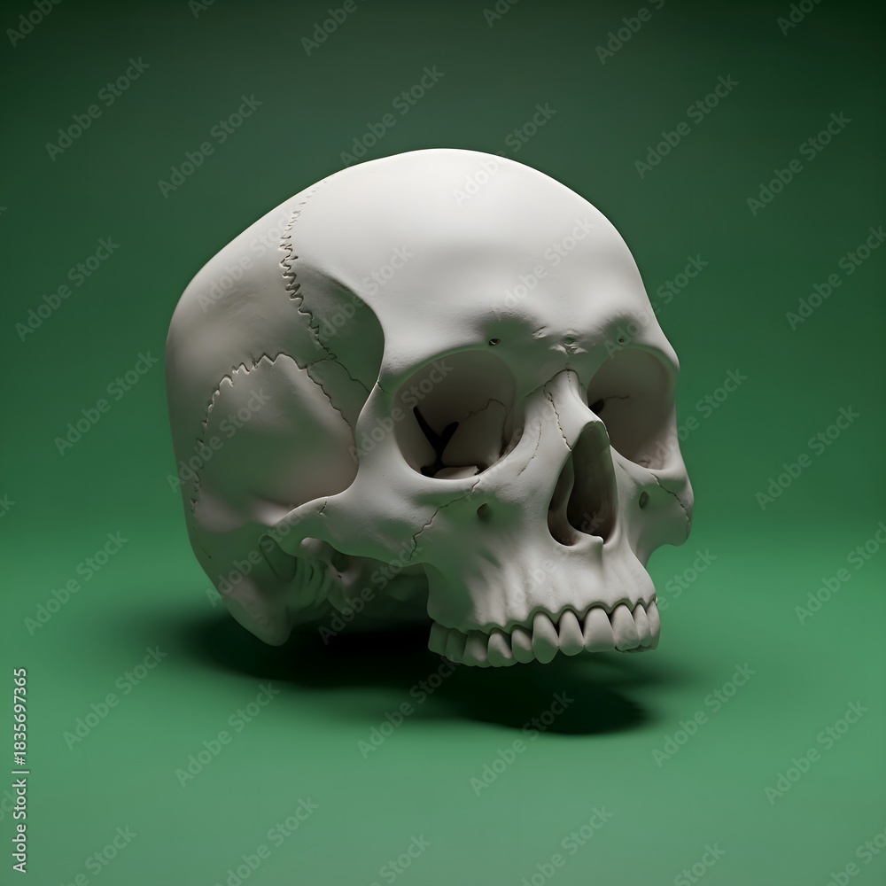 Obraz premium Anatomical Skull Model Rendered with Realistic Detail on a Solid Green Background