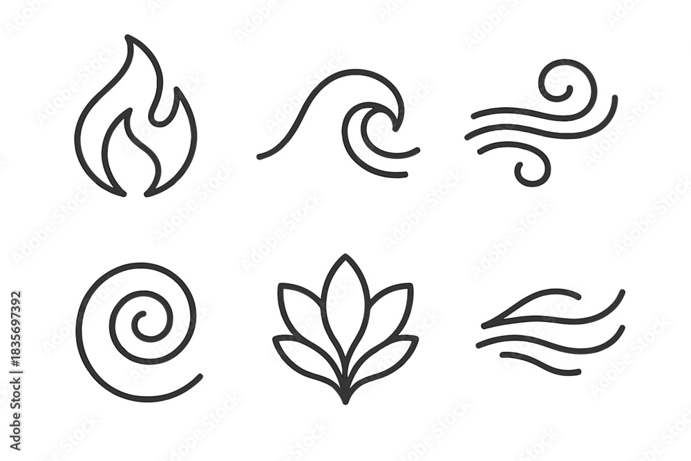 Fototapeta premium Crimson Breeze Icons. Line style round vector icons of Crimson Breeze: flowing flame, red wave, warm gust, glowing swirl, radiant