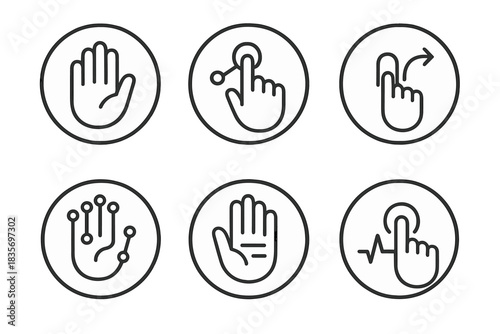 Tactile Logic Icons. Line style round vector icons of Tactile Logic: hand symbol, touch node, finger flow, physical circuit, palm