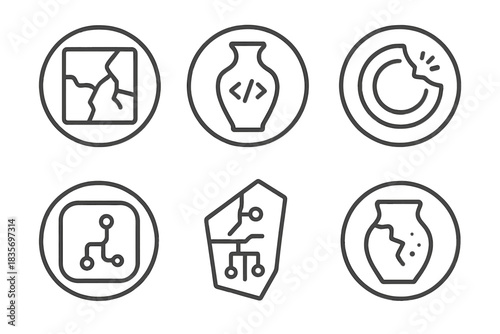 Ceramic Code Icons. Line style round vector icons of Ceramic Code: cracked tile, digital vase, porcelain chip, coded shard, smooth