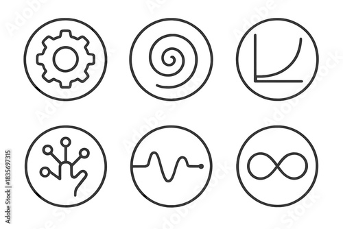 Analog Algorithm Icons. Line style round vector icons of Analog Algorithms: ceramic gear, spiral code, solid function, hand-shaped