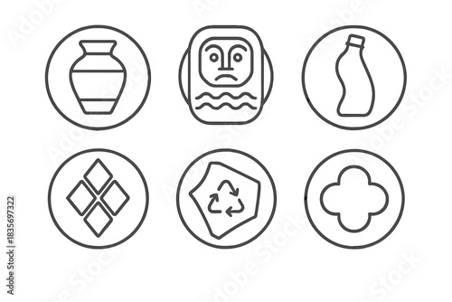Plastic Heritage Icons. Line style round vector icons of Plastic Heritage: molded vase, synthetic relic, curved bottle,