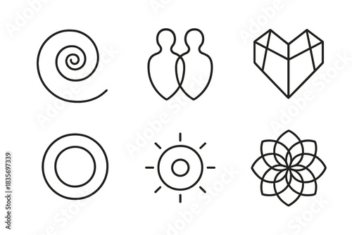 Fractal Soul Icons. Line style round vector icons of Fractal Soul: infinite spiral, mirrored aura, geometric heart, expanding ring