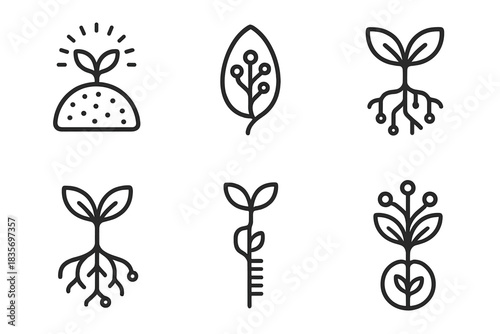 Futuristic Plant Icons. Line style round vector icons of Synthetic Growth: luminous grain, neural seed, electric root, data stem,