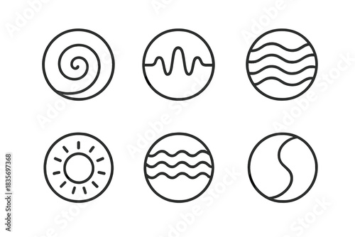 Subtle Energy Icons. Line style round vector icons of Subtle Energy: radiant swirl, pulsing line, thermal wave, glowing pattern,