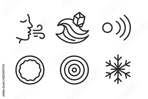 Frozen Whispers Icons. Line style round vector icons of Frozen Whispers: icy breath, crystal wave, cold echo, frosted ring, frozen