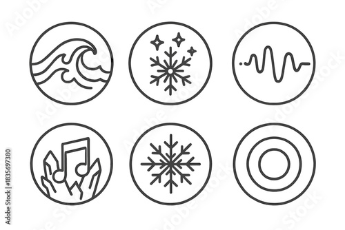 Glacial Resonance Icons. Line style round vector icons of Glacial Resonance: ice wave, luminous frost, cold pulse, frozen chord,