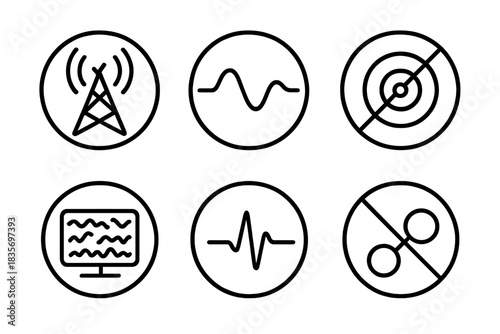 Forgotten Signals Icons. Line style round vector icons of Forgotten Signals: broken antenna, fading wave, lost frequency, static
