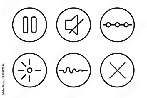 Silent Transmission Icons. Line style round vector icons of Silent Transmission: paused current, muted ripple, dim circuit, slow
