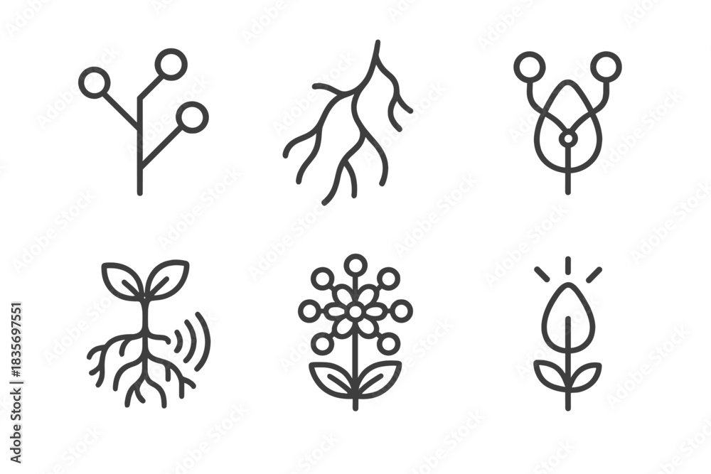 Fototapeta premium Network Flora Icons. Line style round vector icons of Network Flora: linked branch, streaming vein, connected seed, signal root,