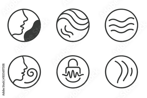 Whispered Depths Icons. Line style round vector icons of Whispered Depths: flowing shadow, curved tone, silent wave, deep breath,