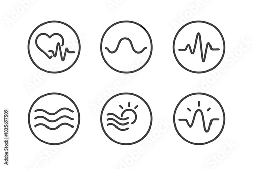 Emotional Frequency Vectors. Line style round vector icons of Emotional Frequency: tender rhythm, curved pulse, quiet beat,