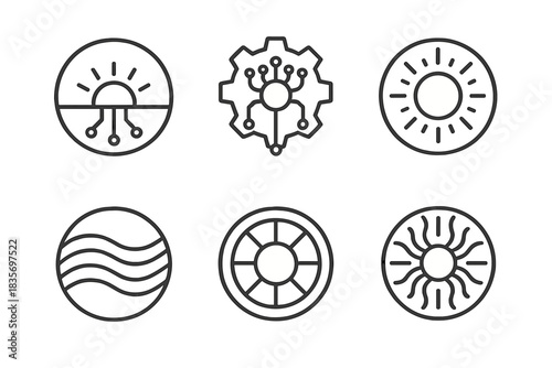 Technologic Dawn Icons. Line style round vector icons of Technologic Dawn: digital sunrise, circuit gear, glowing core, soft