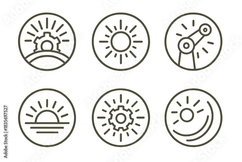 Mechanical Dawnlight Icons. ine style round vector icons of Mechanical Dawnlight: rising gear, glowing sun, rotating beam,