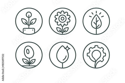Industrial Garden Icons. Line style round vector icons of Industrial Garden: steel stem, cog flower, luminous leaf, iron seed,
