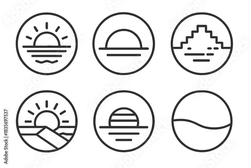 Digital Sunrise Icons. Line style round vector icons of Synthetic Horizon: digital sunrise, neon arc, pixel cloud, glowing ridge,