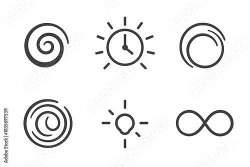 Chrono Art Symbols. Line style round vector icons of Chrono Art: spiral brush, radiant clock, curved stroke, rhythmic ring,