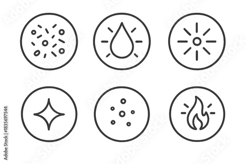 Neon Residue Icons. Line style round vector icons of Neon Residue: digital dust, radiant drop, flickering point, soft shine,