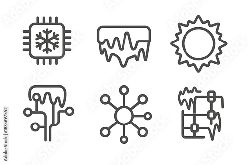 Glacial Tech Icons. Line style round vector icons of Glacial Technology: cold microchip, frozen signal, metallic frost, radiant
