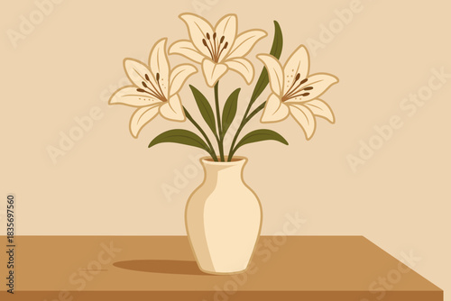 Minimalist Floral Vase. Minimalist ceramic vase with blooming lilies placed on a wooden surface, soft natural lighting, warm and