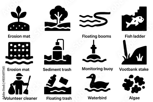 Ecosystem Restoration Icons. Solid style icons of River ecosystem restoration: native plant, riparian zone, floating booms, fish