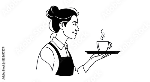 Smiling waiter holding coffee cup on tray serving customer with care.