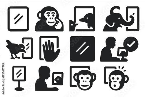 Animal Mirror Recognition Icons. Solid style icons of mirror self-recognition: mirror frame, chimp touching mark, dolphin with