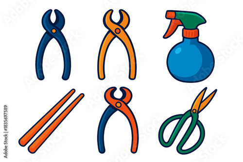 Bonsai Tool Icons. Isometric vector illustration set Bonsai Horticulture Tools: branch cutter, concave cutter, knob cutter, spray