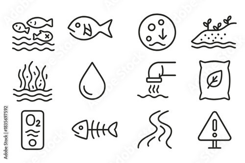 Marine Ecosystem Stress Symbols. Line style icons of Marine Ecosystem Stress: Dead Zone, Fish Gill, Low Oxygen, Nutrient Runoff;