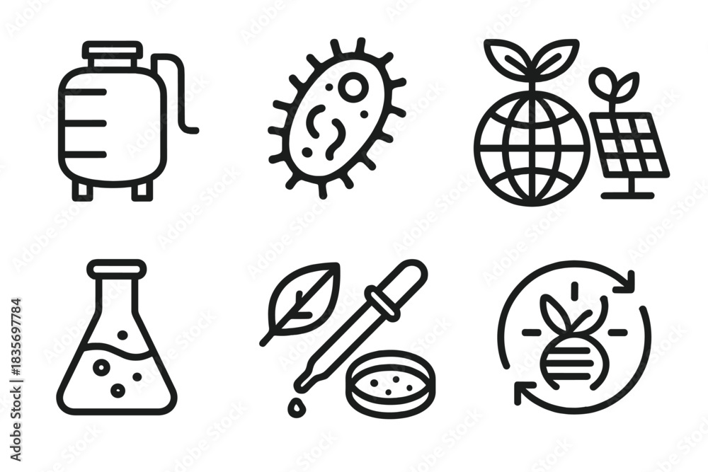 Fototapeta premium Eco-Food Innovation Icons. Line style icons of Eco-Food Innovation: Fermentation Tank, Microbe, Alternative Protein, Sustainable