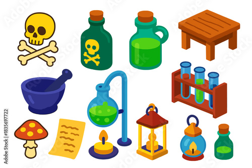 Vintage Toxicology Icons. Isometric vector illustration set Vintage Toxicology: skull and bones icon, poison potion bottle,