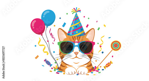 Cheerful ginger tabby cat celebrating a birthday with a party hat colorful sunglasses balloons and confetti on a white background.