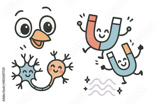 Joyful Neurons Dance. Playful doodle sensory organ close-up with happy animal eyes and beaks, cartoon magnetic particles dancing,