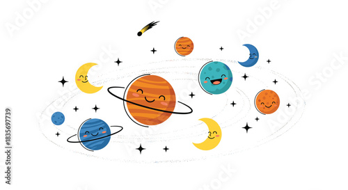Adorable cartoon solar system with cute smiling faces on the planets moons and stars for a fun educational space illustration.