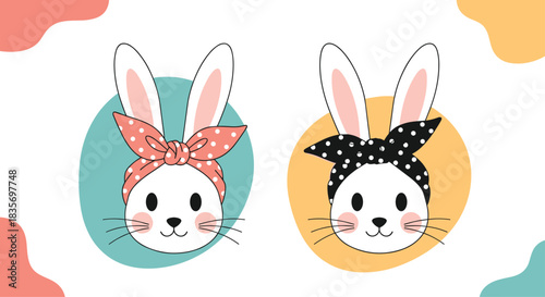 Two adorable white bunny faces with pink cheeks wearing stylish pink and black polka-dot bandanas against colorful backgrounds.