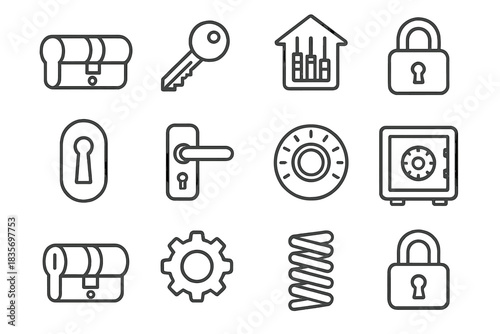 Lock System Icons. Line style icons of Lock System: Tumbler, Key, Internal Mechanism, Security; Cylinder, Gear, Spring, Padlock;