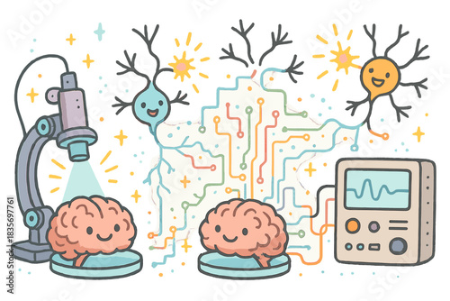 Whimsical Optogenetics Lab. Whimsical doodle futuristic optogenetics lab with smiling brain models, cartoon neurons firing with