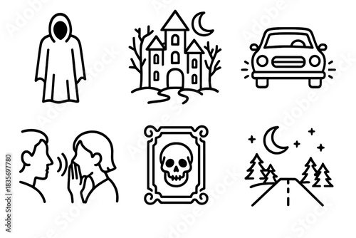 Urban Legends Icons. Line style icons of Urban Legends: shadowy figure, haunted house, mysterious car, whispered rumor, cursed