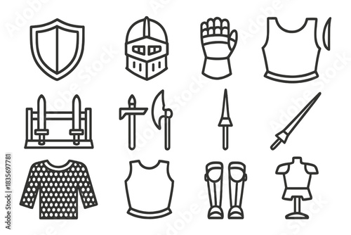 Medieval Armory Icons. Line style icons of medieval armory: shield, helm, gauntlet, cuirass; sword rack, dagger rack, halberd,