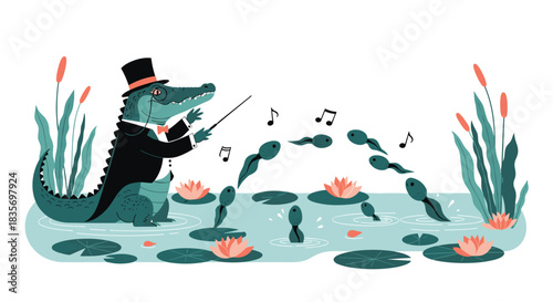 Whimsical illustration of a dapper alligator in a tuxedo conducting a choir of singing tadpoles in a lily pond with cattails.