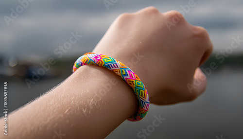 Wallpaper Mural Plastic 3D printed bracelet in vibrant colors shown on a wrist with the flexible material and trendy pattern crisp while the surroundings remain out of focus. Torontodigital.ca