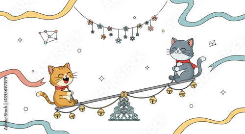 Two adorable and happy cartoon cats playing on a decorated seesaw with ribbons and garlands on a clean white background.