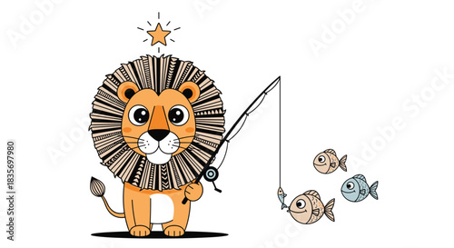Adorable cartoon lion with a large patterned mane holding a fishing rod and catching several happy little fish under a star.