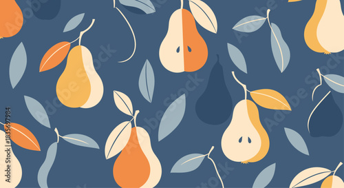 Modern seamless pattern of stylized pears and leaves in a contemporary color palette of orange yellow and dark blue for textiles.